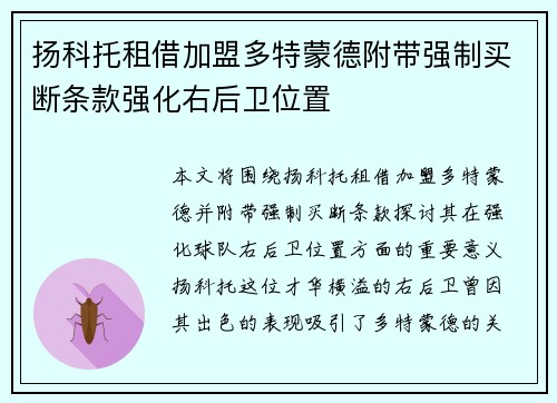 扬科托租借加盟多特蒙德附带强制买断条款强化右后卫位置