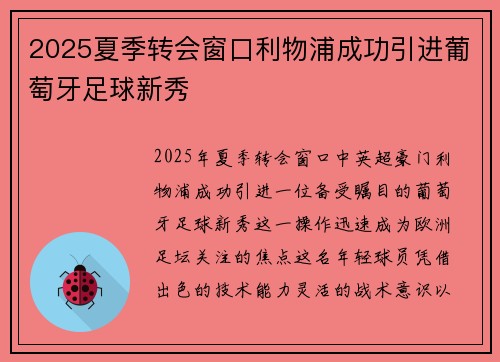2025夏季转会窗口利物浦成功引进葡萄牙足球新秀 2025夏季转会窗口利物浦成功引进葡萄牙足球新秀